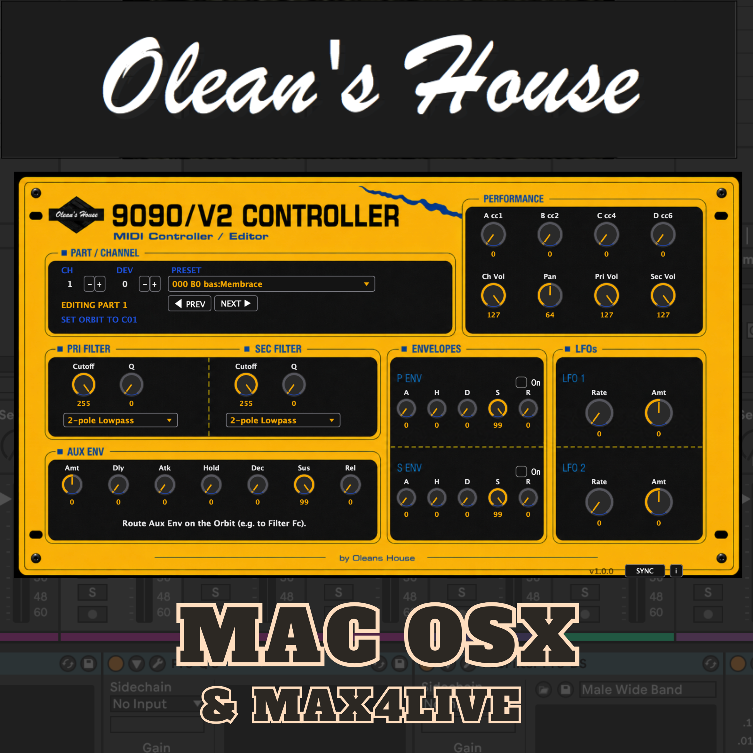 Oleans House 9090/V2 Controller plugin interface for the E-mu Orbit 9090/V2 — filter, envelope and LFO controls, for macOS VST/AU and Max for Live