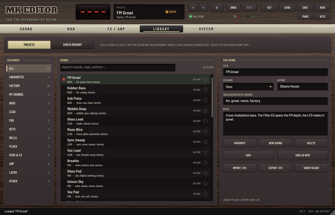 microKORG Editor development preset library and synth-memory view